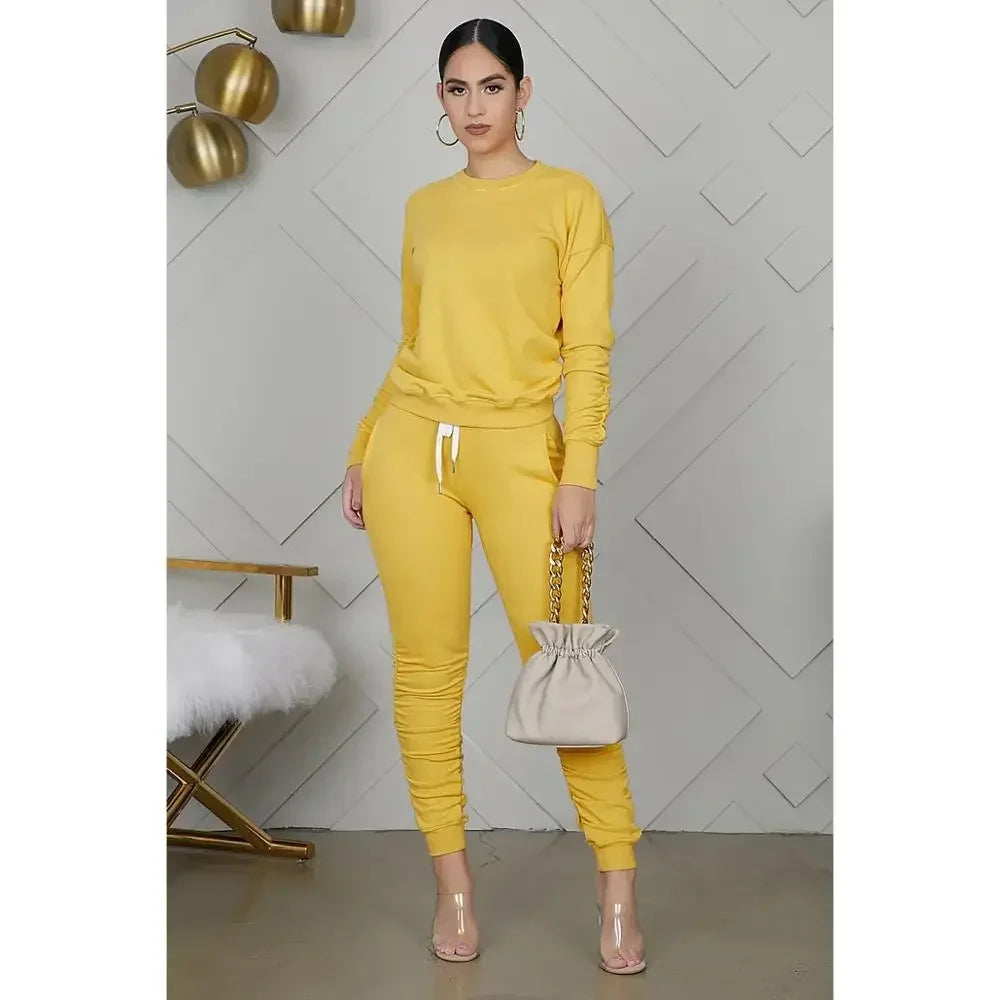 Women’s Slim Fit Long Sleeve Two Piece Set – Casual Warm Top & Elastic Waist Pants Outfit