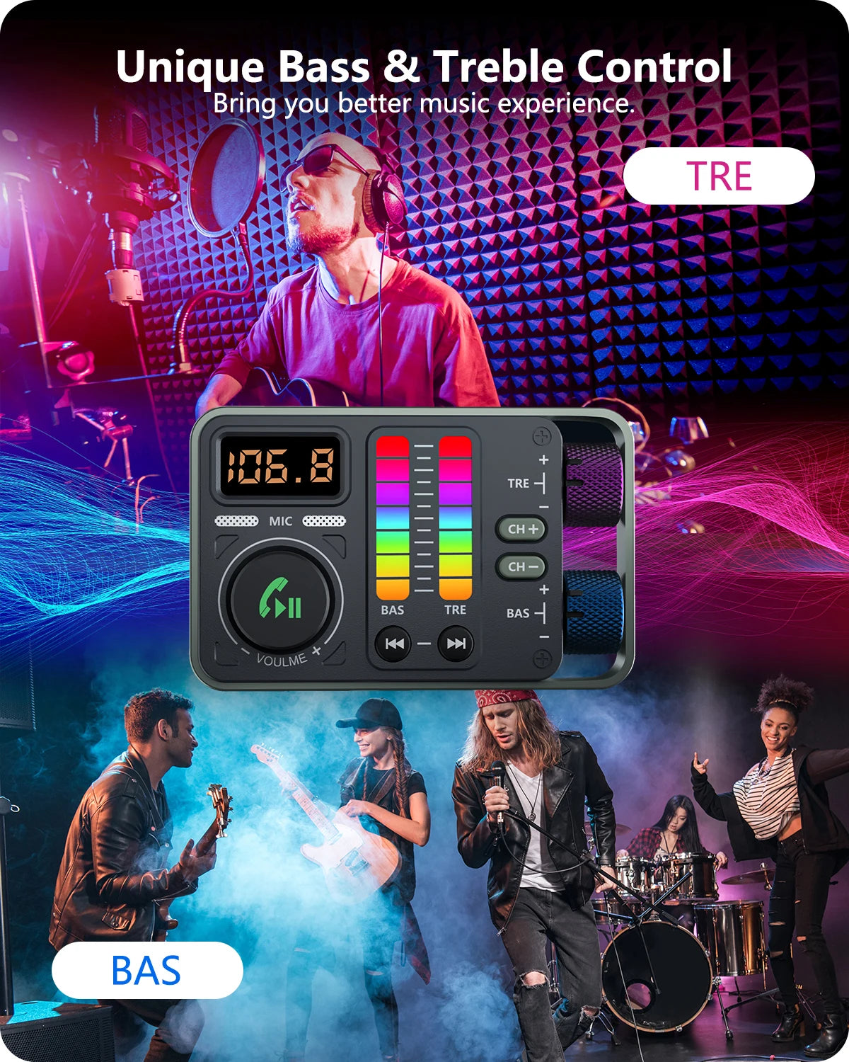 Bluetooth 5.3 Car FM Transmitter, Hi-Fi Treble & Bass Music Player, PD20W QC18W Fast Car Charger, Radio Bluetooth Car Ad