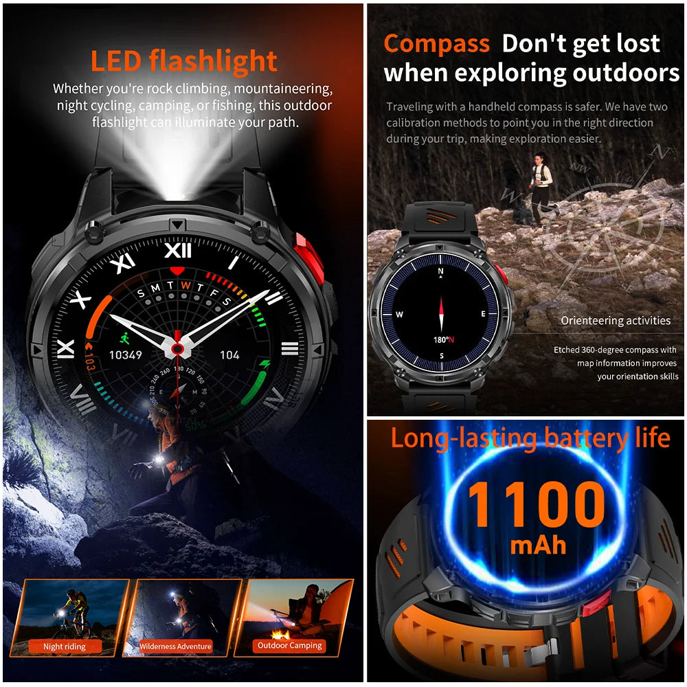 Men Smart Watch 1.7inch LED Flashlight HT33 BT Calling Outdoor Sports Compass Health Monitoring 1100mAh Large Battery Smartwatch