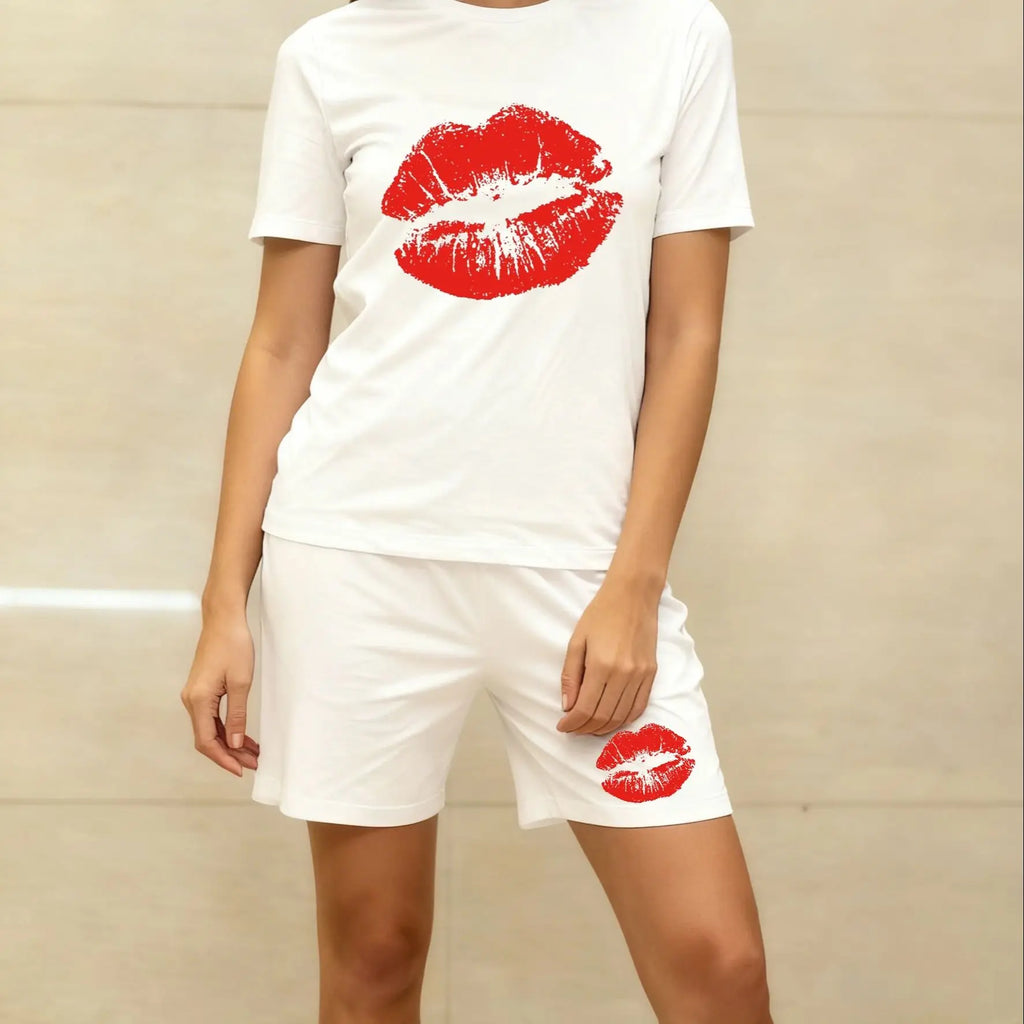 Women's 2-Piece Pajama Set Summer Short Sleeve T-Shirt & Shorts Red Lip Print Soft Cotton Loungewear Sleepwear