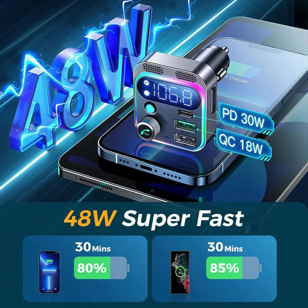 Bluetooth 5.3 FM Transmitter 4 Ports USB Car Charger Type C PD 250W Fast Charging Adapter For Huawei OPPO Oneplus