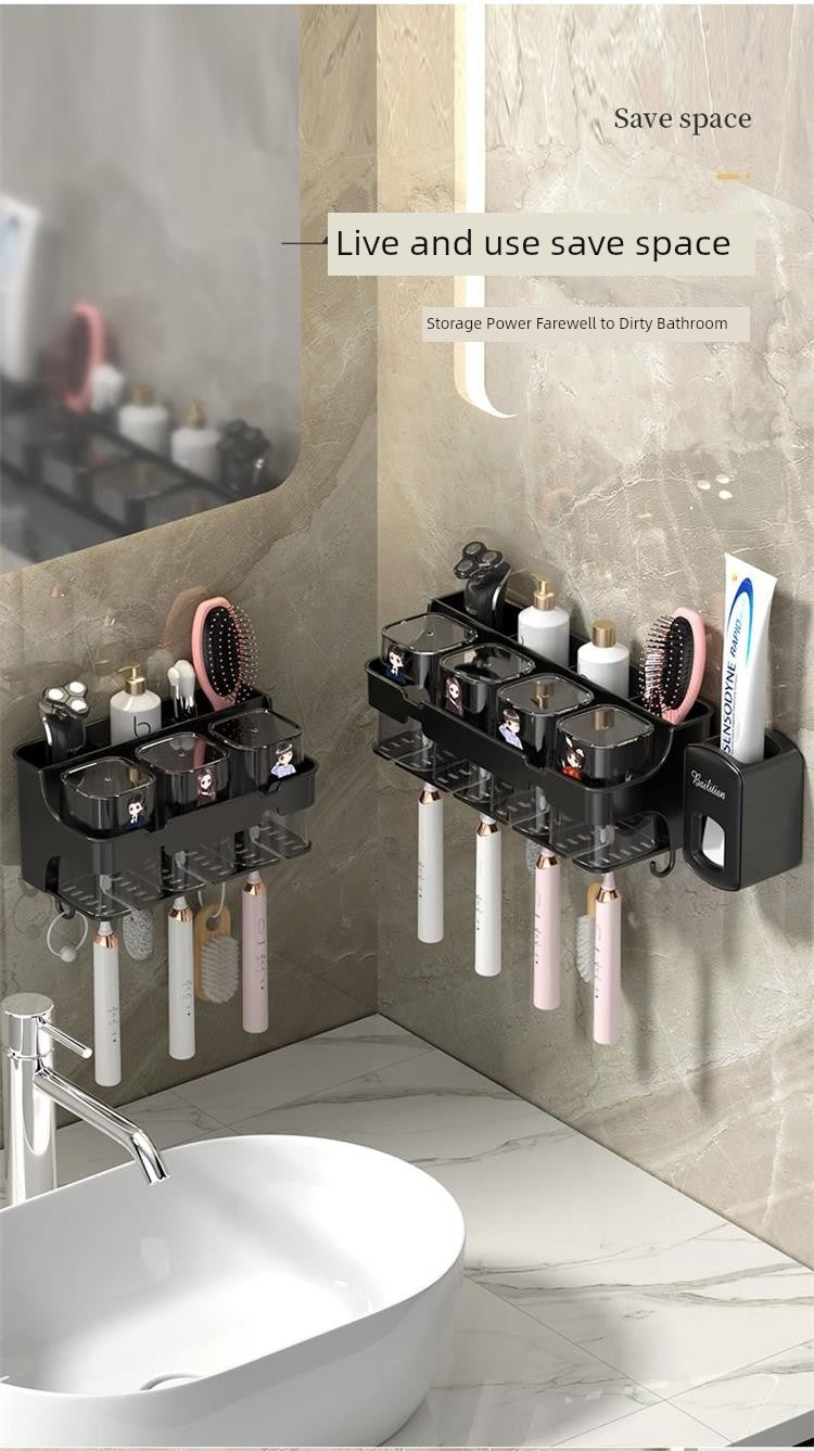 Wall-Mounted Toothbrush and Toothpaste Holder Set with Cups and Storage Rack