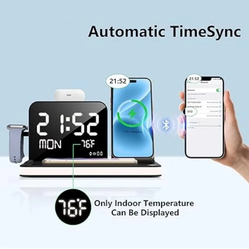 Wireless Charging Station Wireless Charging Station 7 in 1 Fast Charger Stand with Clock Night Lights for Watches Smartphones