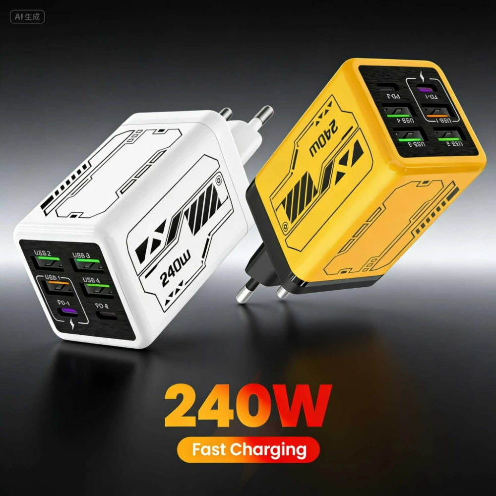 240W USB Type C Charger 6 Ports USB Super Fast Charging Mobile Phone Power Adapter USB3.0 EU/UK/US Plug For iPhone 17 16 Samsung