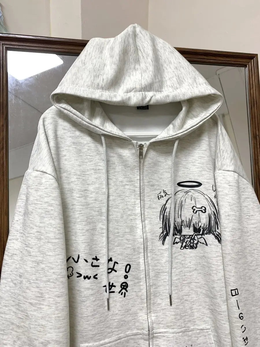 Autumn Japanese Kawaii Cute y2k Aesthetics Patchwork Sweatshirt women Cartoon Anime Print Harajuku Retro Streetwear Jacket Tops