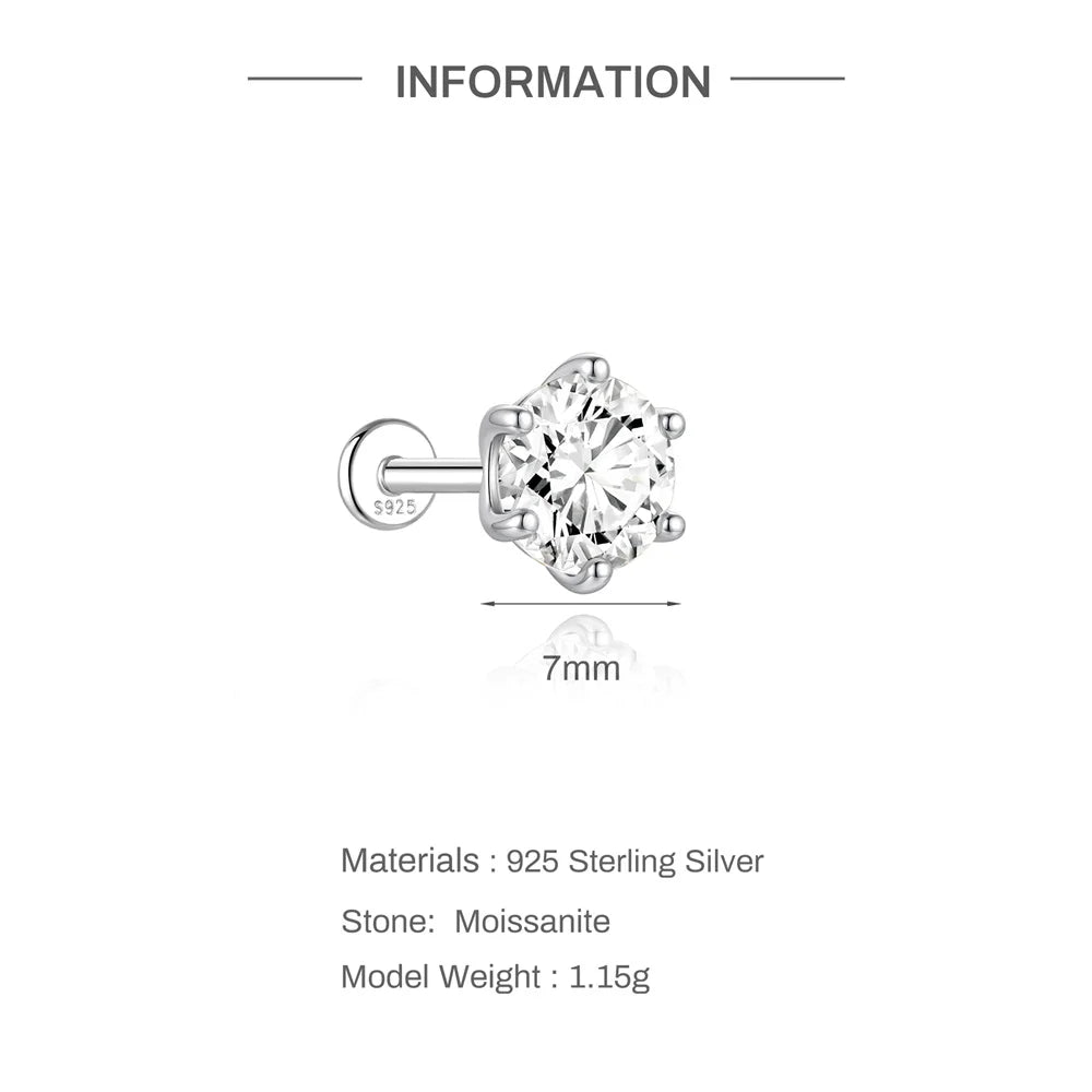 CANNER 1PC Classic Three Claws 0.03-1.2 Carat Sparkling D Color Moissanite Piercing Earring Women 925 Sterling Silver Earring