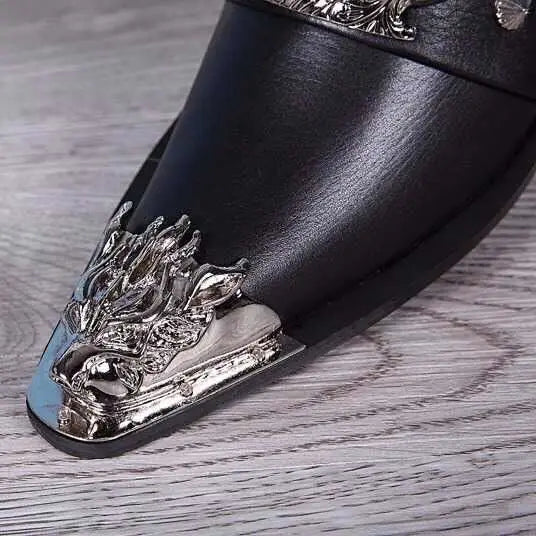 Men's Shoes Italian Style Pointed Metal Toe Leather Dress Shoes Men Slip on Oxfords Shoes for Men's Party and Wedding
