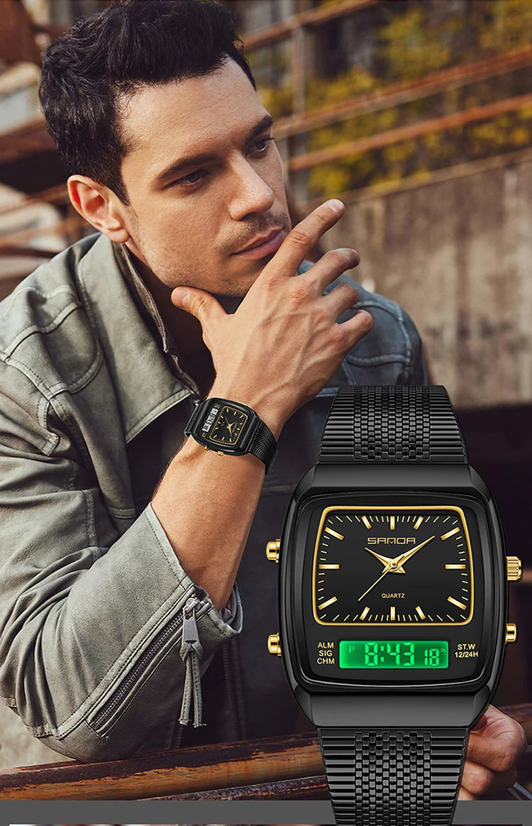 SANDA 3393 Men's Electronic Quartz Watch Fashion Multifunction Dual Display Clock Luminous Waterproof Casual Men Digital Watches