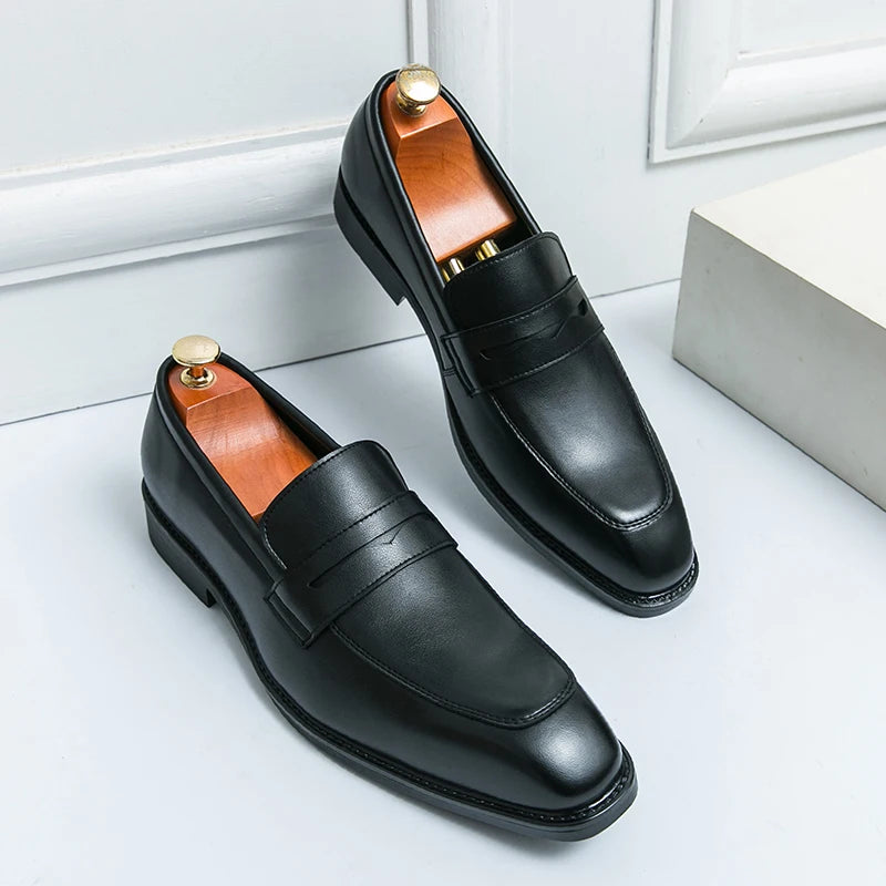 Fashion Penny Loafers Leather Men Shoes Simple Pointed Toe Slip On Dress Business Suit Casual Party Wedding Shoes For Man Brown