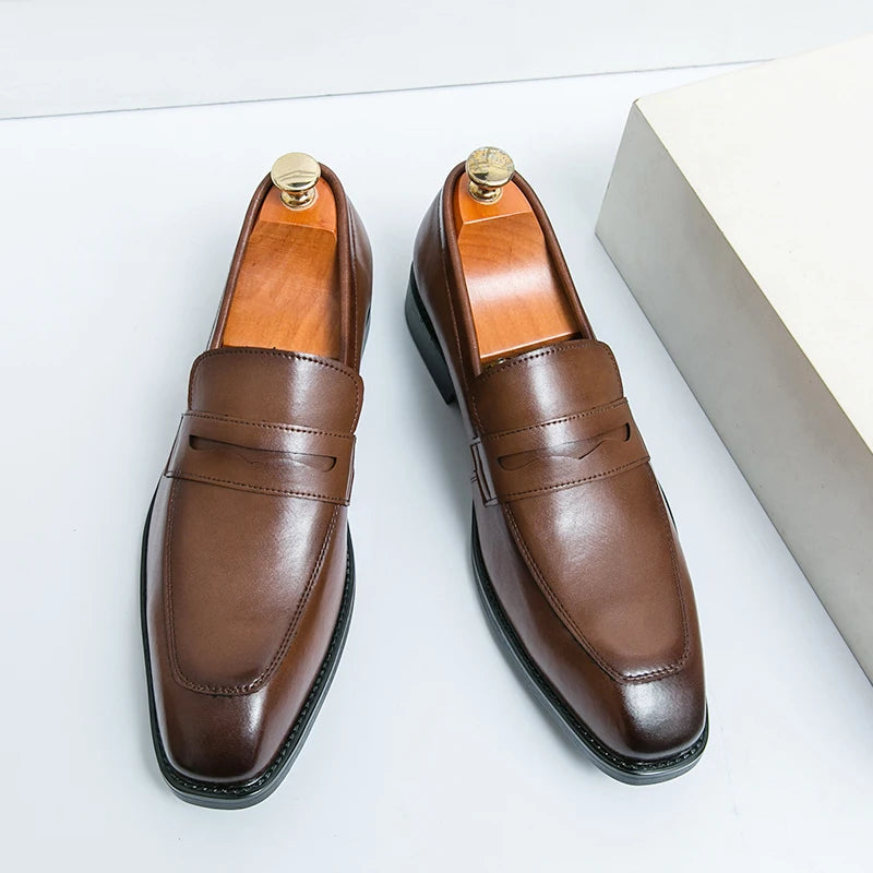 Fashion Penny Loafers Leather Men Shoes Simple Pointed Toe Slip On Dress Business Suit Casual Party Wedding Shoes For Man Brown