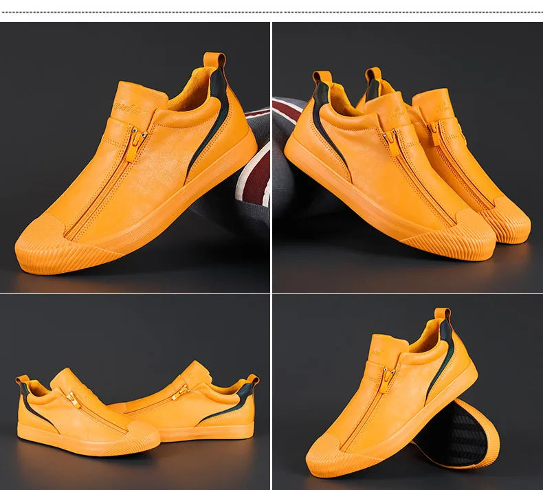 Winter Men Leather Casual Shoes Fashion Double Zipper High Tops Flat Shoes Slip on Plush Male Sneakers Loafers Tenis Masculino