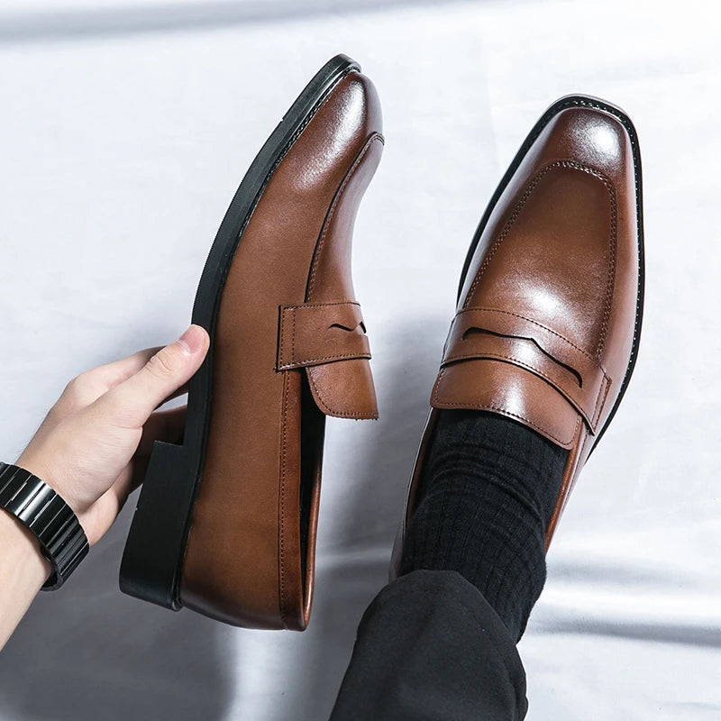 Fashion Penny Loafers Leather Men Shoes Simple Pointed Toe Slip On Dress Business Suit Casual Party Wedding Shoes For Man Brown