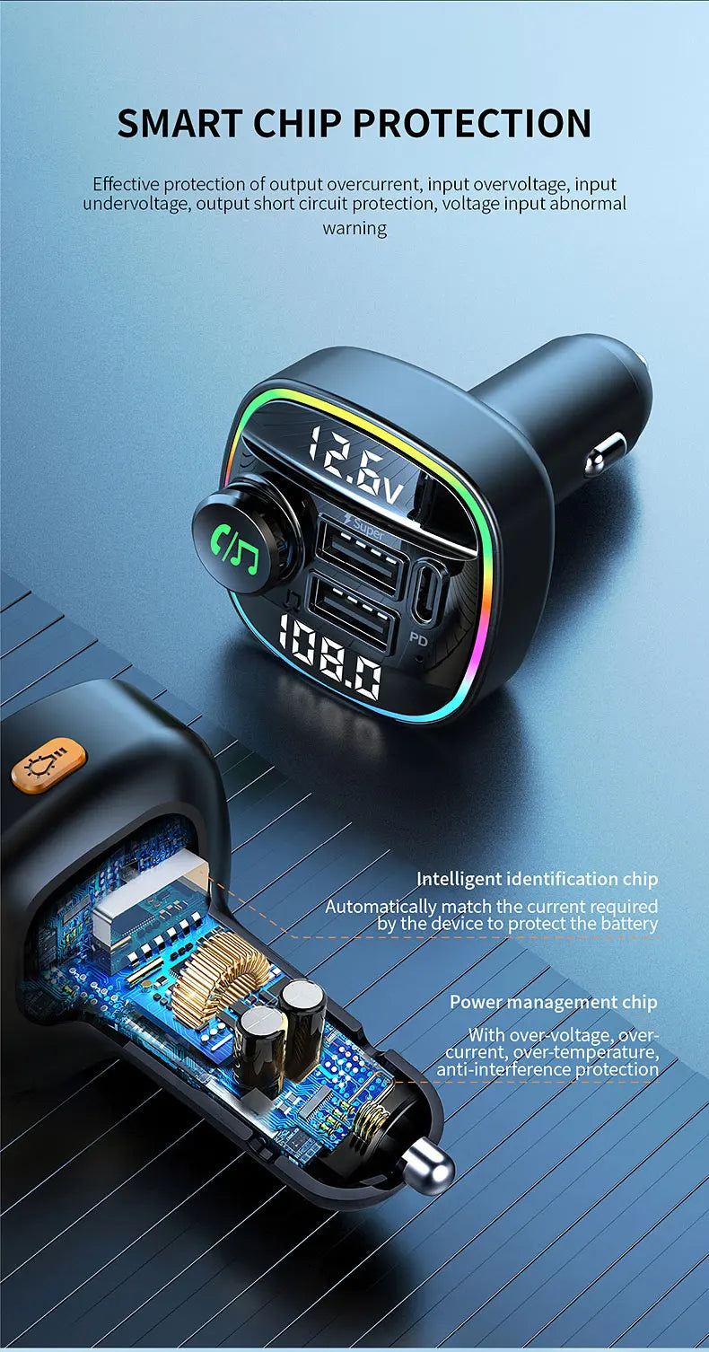 Bluetooth 5.0 FM Transmitter 22.5W USB Quick Charge Car Radio Modulator Handsfree MP3 Player with Car Adapter