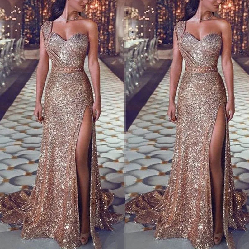 Women's Wedding Party Dress Evening Elegant Sexy Deep V Neck One Shoulder Sleeveless Sequined Long Maxi Dresses For Women