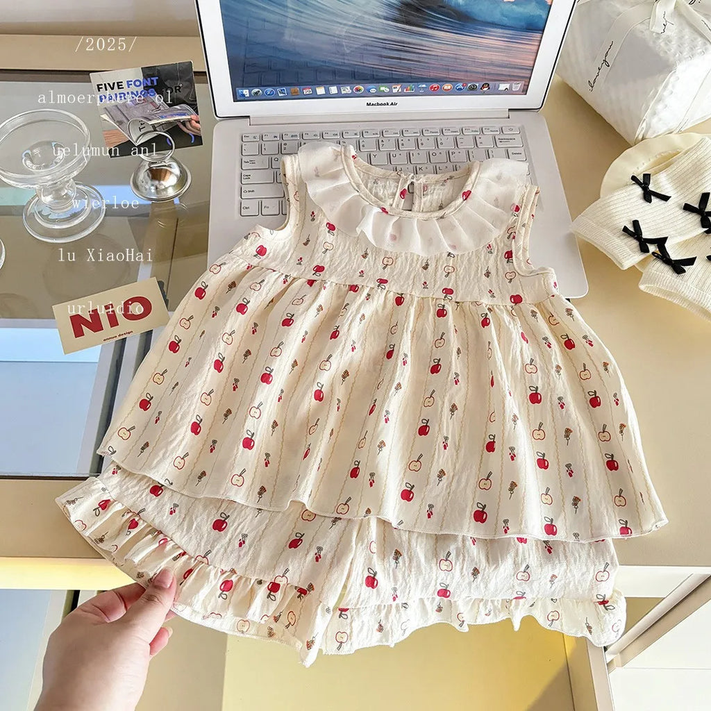 Two-Piece Set  Sleeveless Princess Dress with Floral Print, Summer Thin Outfit for Baby Girls Baby Girl Cute