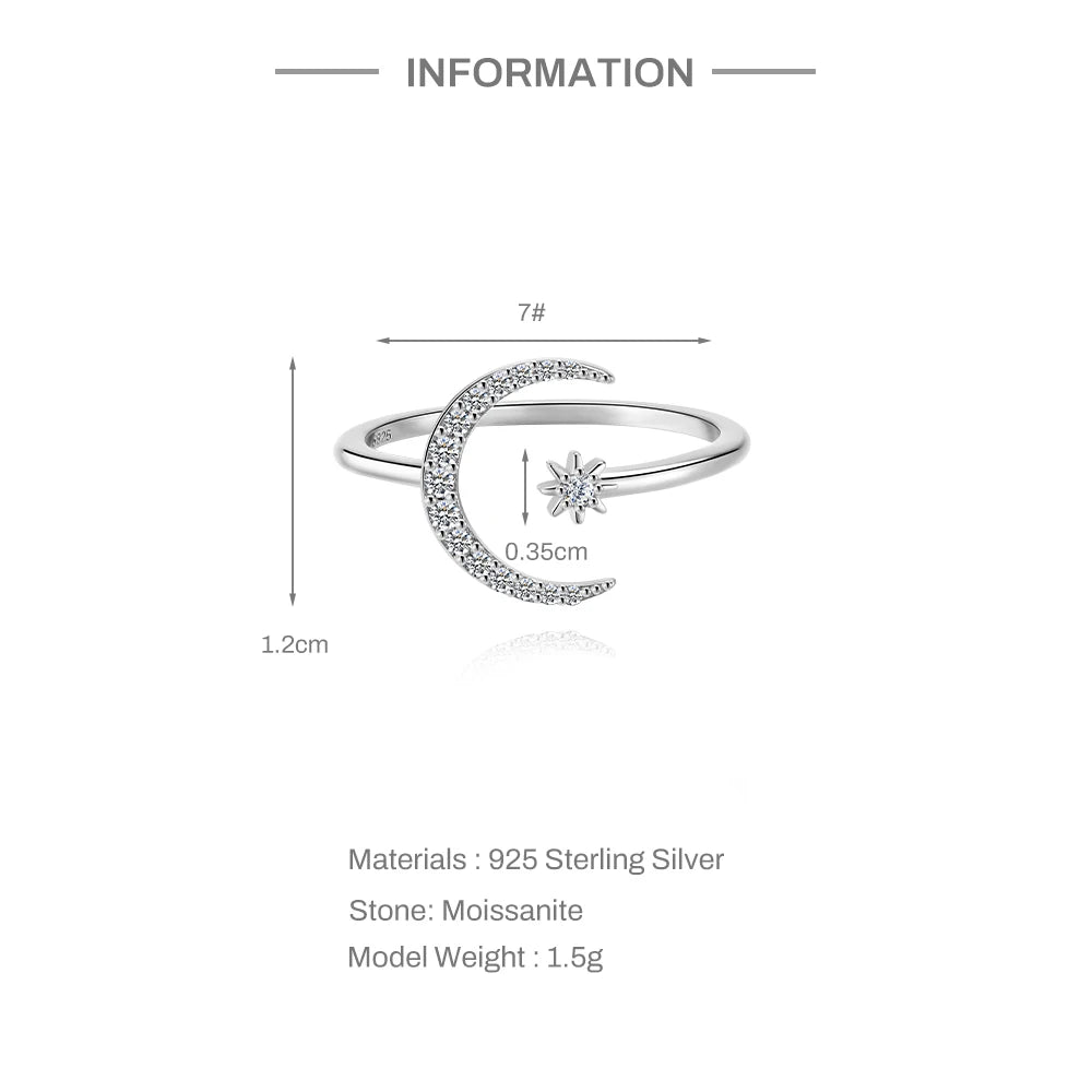 CANNER Moissanite Eight-pointed Star Moon Open Wedding Band Ring Women 925 Sterling Silver Sparkling Eternity Engagement Ring