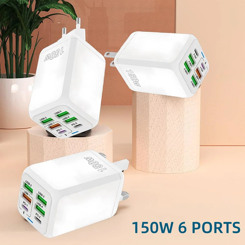 150W 6-Port USB Charger PD QC3.0 Type C Fast Charging Adapter Super Fast Charger For iPhone Samsung Xiaomi OnePlus EU/UK/US Plug