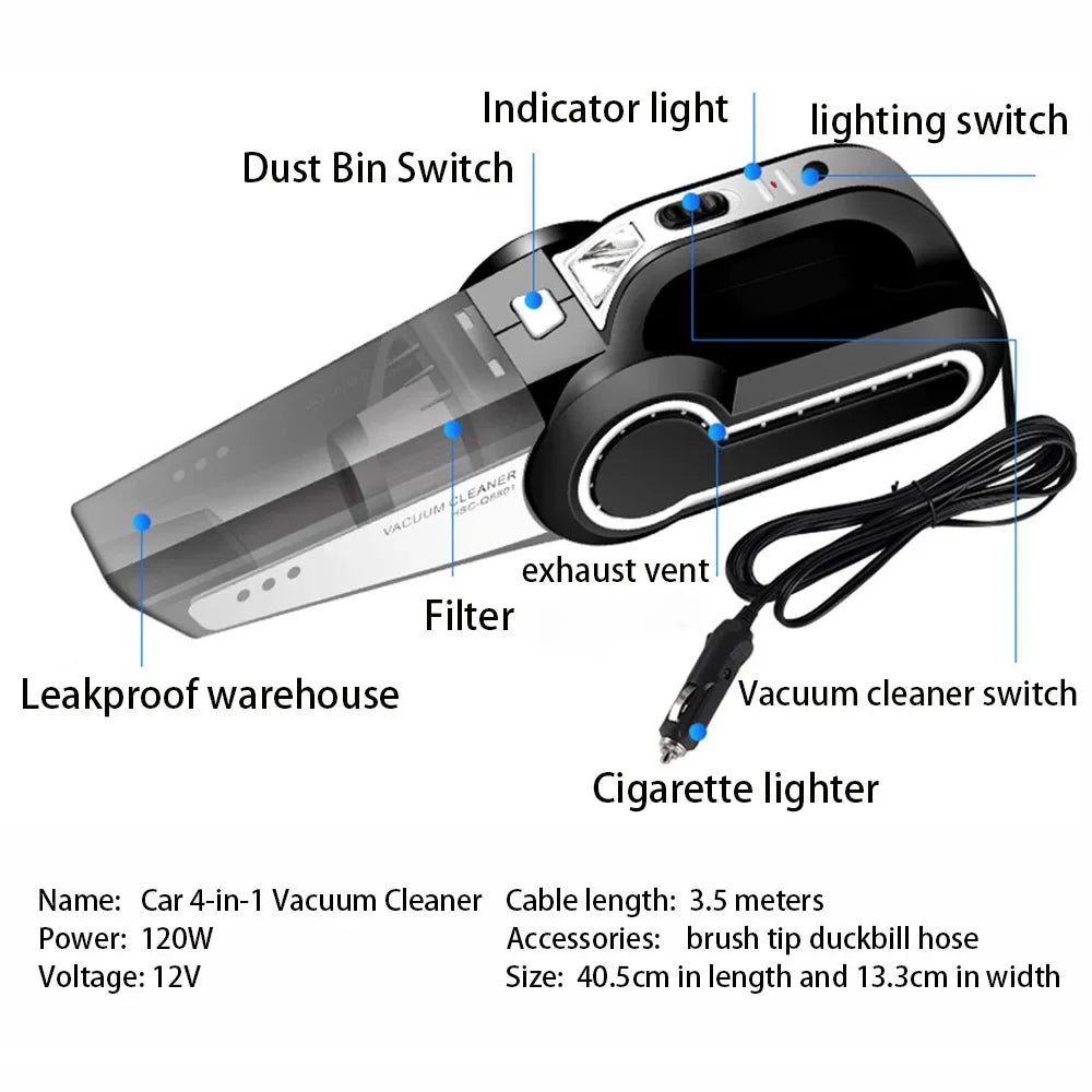 Car Mounted Vacuum Cleaner  Car Inflation Pump  Handheld High Suction Dry and Wet Dual purpose Four in One Vacuum Cleaner
