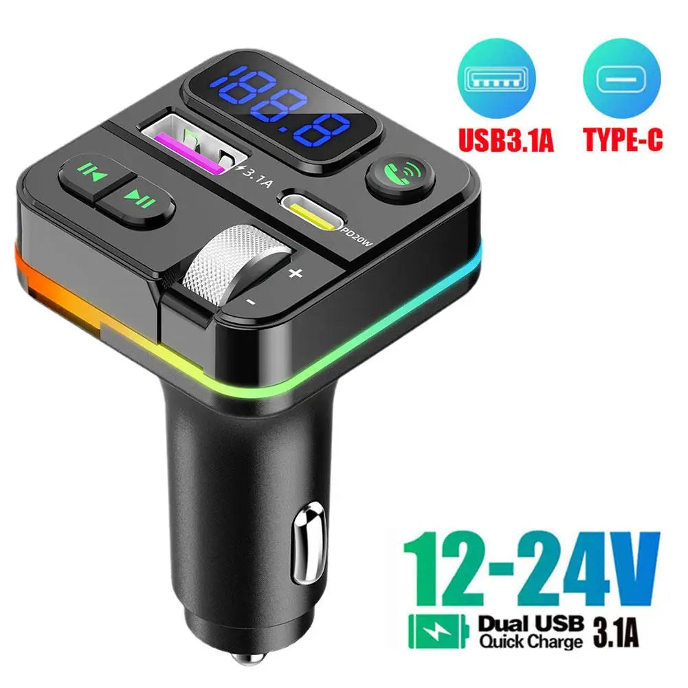Bluetooth 5.0 FM Transmitter Car Adapter with AUX Bass Boost 3-Port Charger - Wireless Music Streaming Car Charger