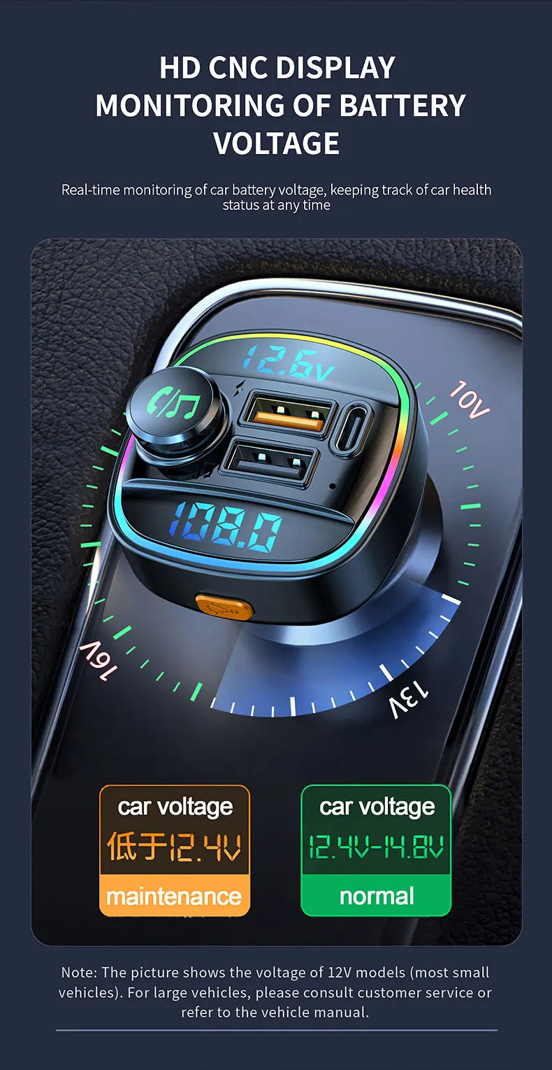 Bluetooth 5.0 FM Transmitter 22.5W USB Quick Charge Car Radio Modulator Handsfree MP3 Player with Car Adapter