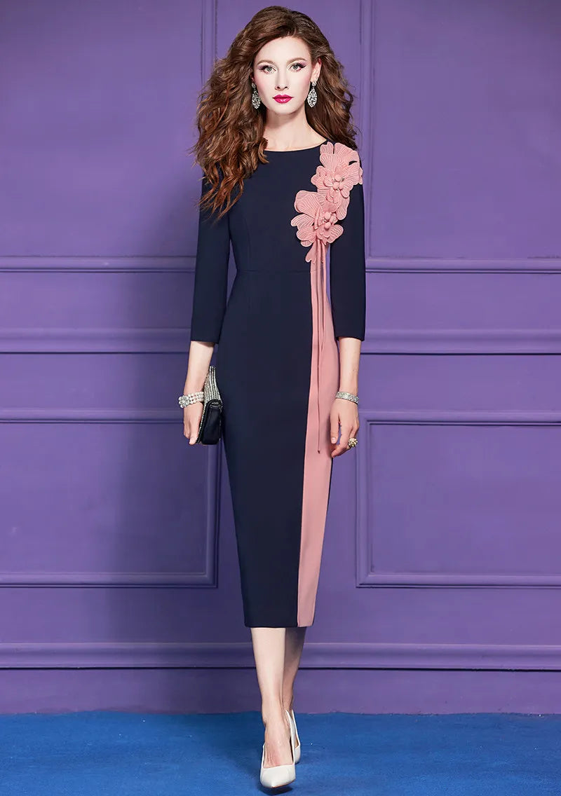 Women's 3D Floral Midi Dress Spring Fashion Pencil Style Casual Daily Three Quarter Sleeve O-Neck Elegantly Formal Party Wear