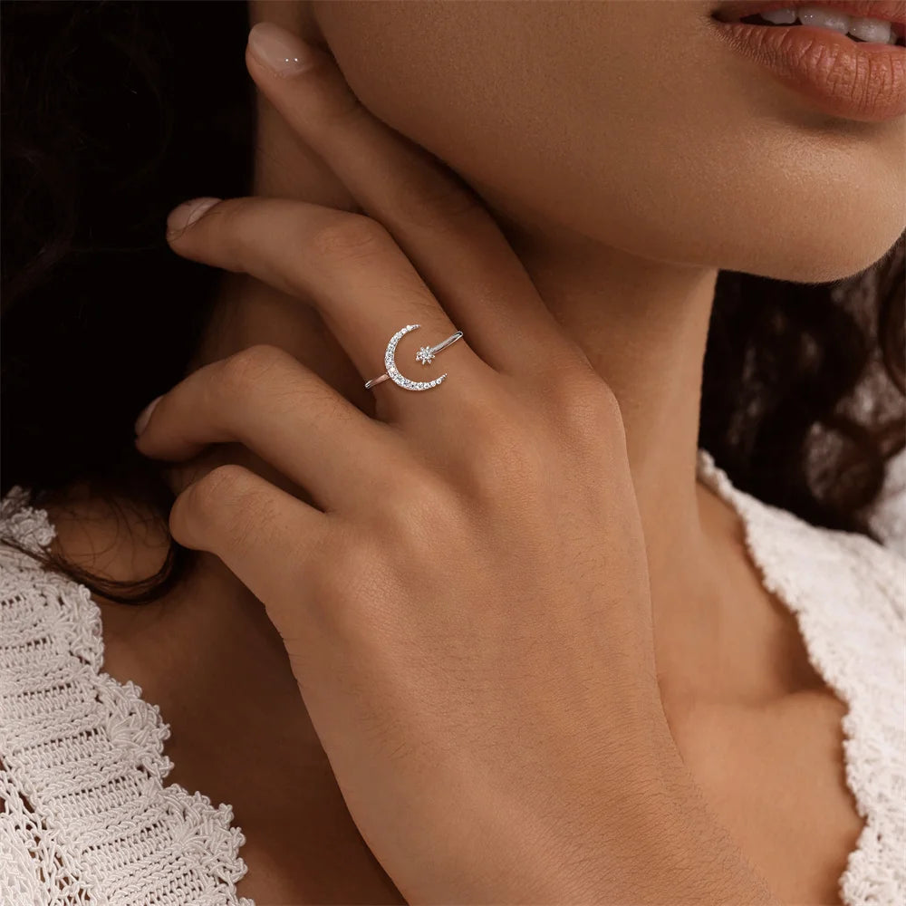 CANNER Moissanite Eight-pointed Star Moon Open Wedding Band Ring Women 925 Sterling Silver Sparkling Eternity Engagement Ring