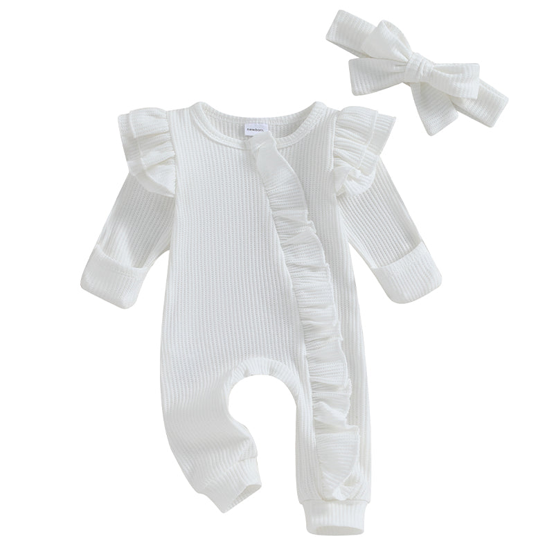 Infant Baby Girl Autumn Jumpsuit Solid Color Round Neck Flying Sleeve Ruffled Zipper Romper with Bow Headband 0-12M