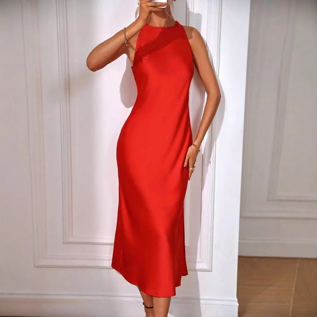 Women's Elegant Satin Sleeveless Midi Dress Solid Color O-Neck Slim Fit Fashion Ankle-Length Street Party Dress