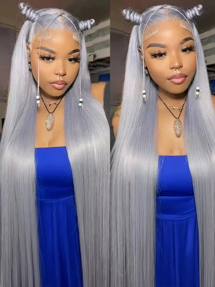 Silver Grey Straight Human Hair Wigs Brazilian 180% Density 13x6 HD Lace Frontal Colored Wig 36 Inch Pre Plucked With Baby Hairline For Women On Sale