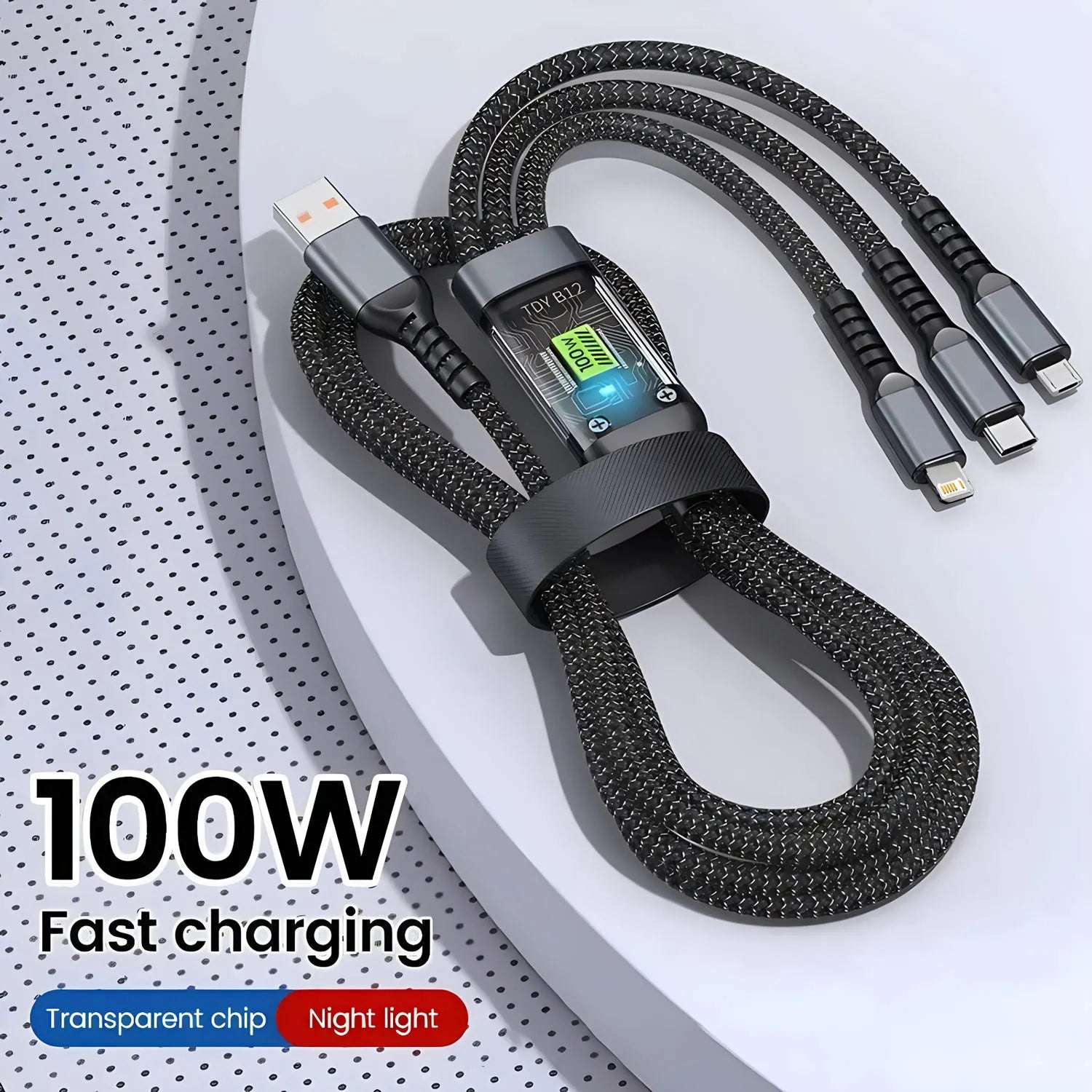 100W Fast Charging 3 in 1 Multi Charger Cable Nylon Braided USB-C Micro Universal Charging Cord with Type-C Micro Adapter