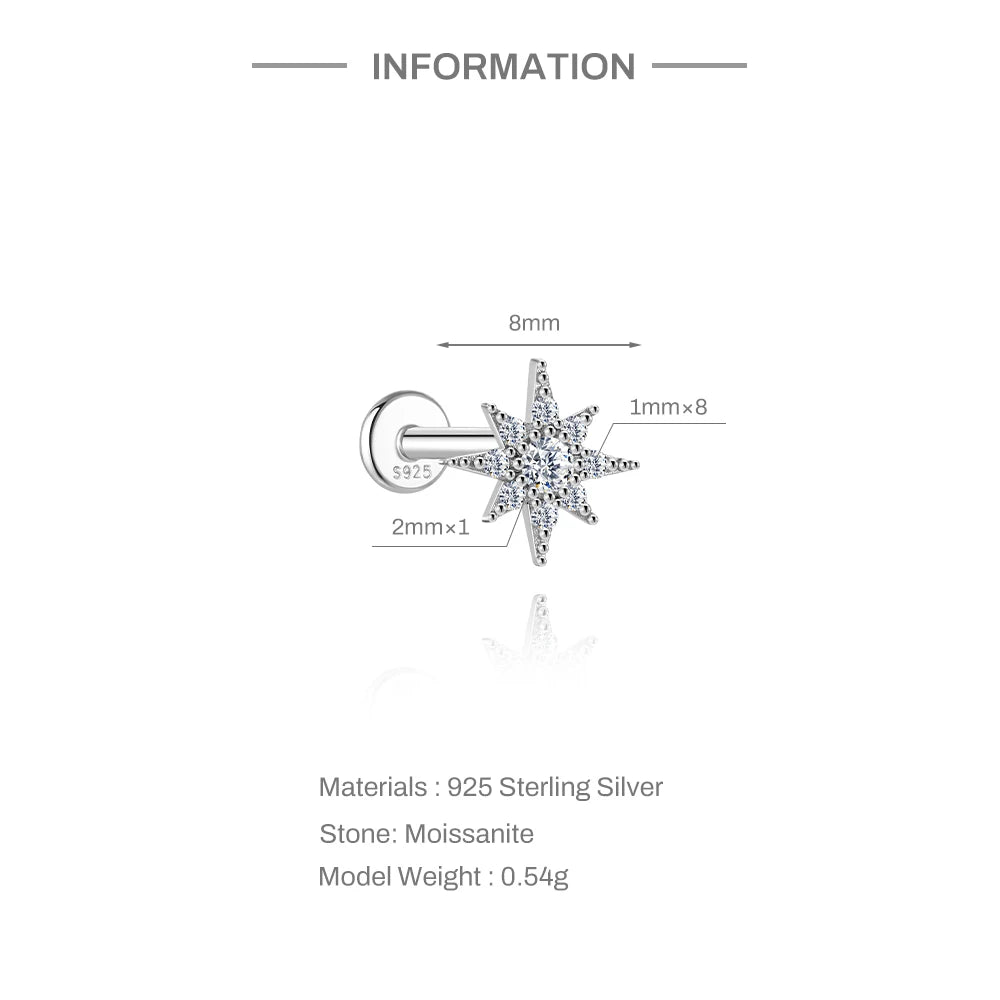 CANNER 1PC Flower Moissanite 925 Sterling Silver Piercing Ear Stud For Women Love Eight-pointed star Stud Earrings Fine Jewelry