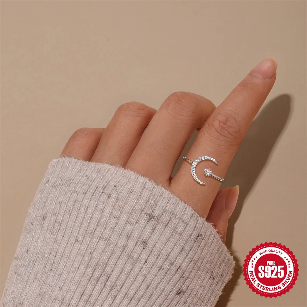 CANNER Moissanite Eight-pointed Star Moon Open Wedding Band Ring Women 925 Sterling Silver Sparkling Eternity Engagement Ring