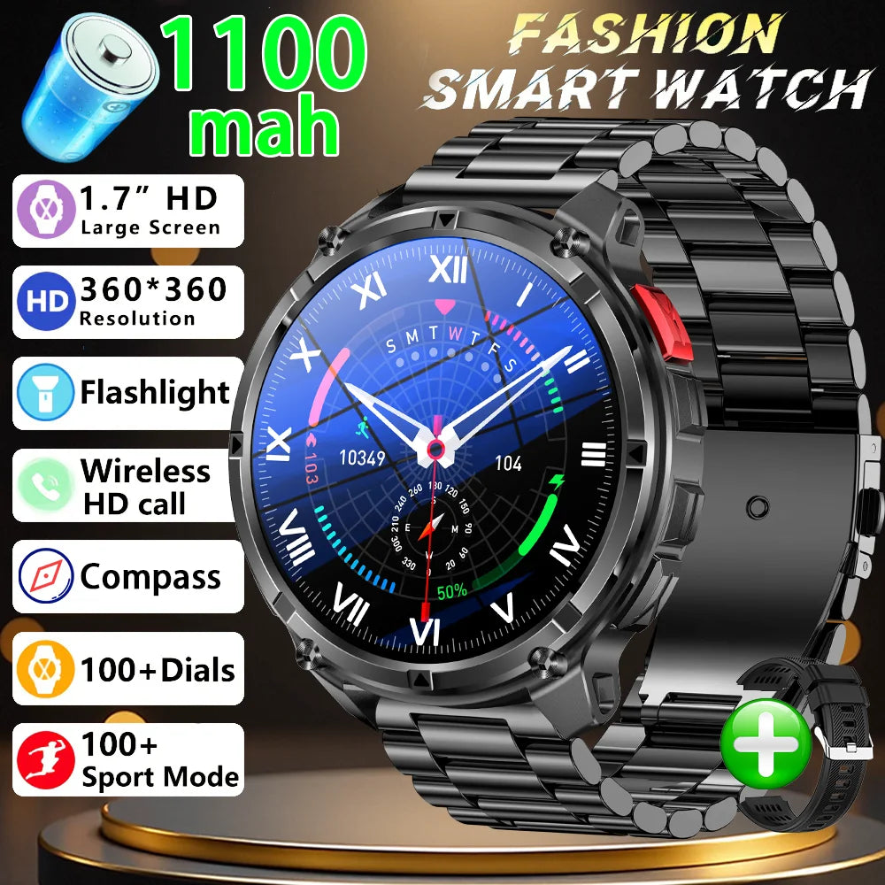 Men Smart Watch 1.7inch LED Flashlight HT33 BT Calling Outdoor Sports Compass Health Monitoring 1100mAh Large Battery Smartwatch