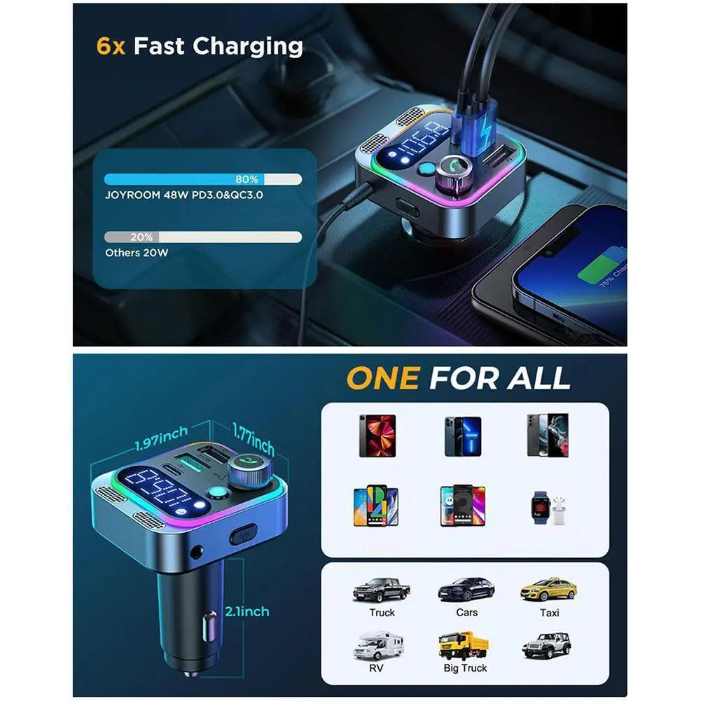 Car Bluetooth 5.2 FM Transmitter 48W PD&QC3.0 Dual Charger Wireless Adapter with Dual Mics Deep Bass Sound for Vehicle