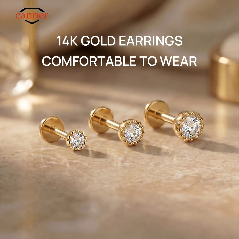CANNER 1PC 2/2.5/3mm G23 Titanium 14K Solid Gold CZ Piercing Flat Back Stud Earring Women Hypoallergenic Classic Ear Bone Gift