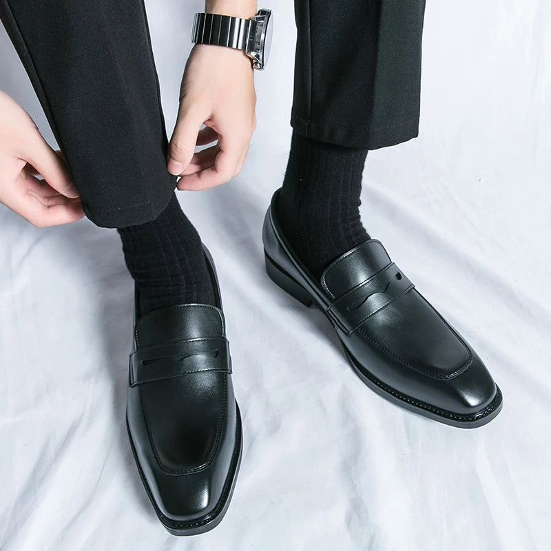 Fashion Penny Loafers Leather Men Shoes Simple Pointed Toe Slip On Dress Business Suit Casual Party Wedding Shoes For Man Brown