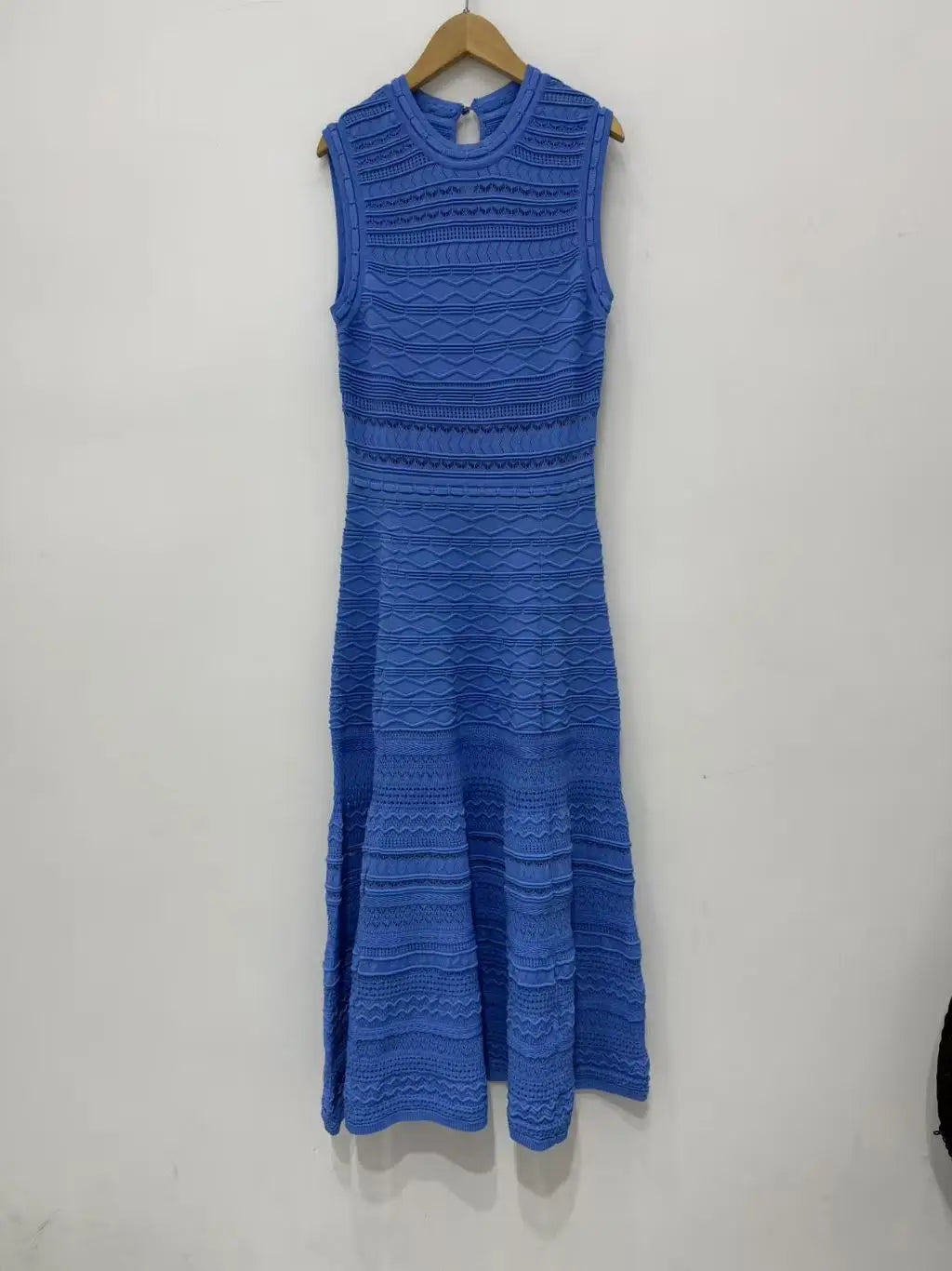 Women's Argyle Jacquard Knit Dress Sleeveless round Neck Midi Elegant Hollow out Lady A-Line Beach Style Spring New
