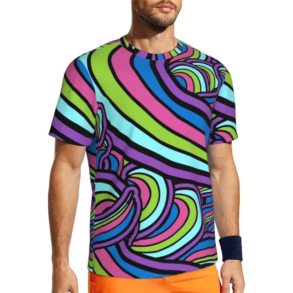 Gym T-Shirt For Man Retro Geometric 60S 70S T-Shirts Fashion Psychedelic Art Beach Tees O Neck Y2K Fun Design Tops Gift Idea