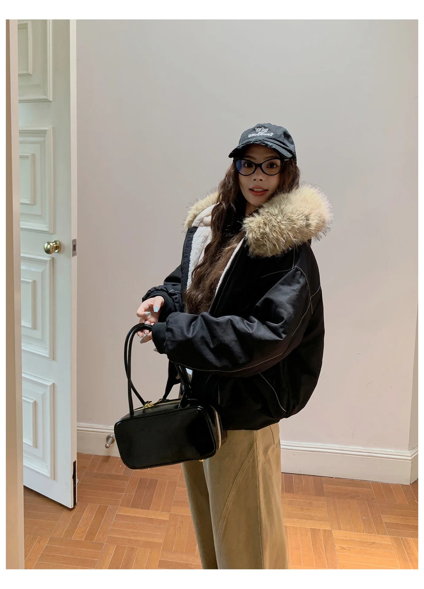Women Short Parkas Coat Solid Jacket Big Fur Collar Hooded Zipper Pocket Long Sleeve Loose Casual Office Lady 2025 Autumn Winter