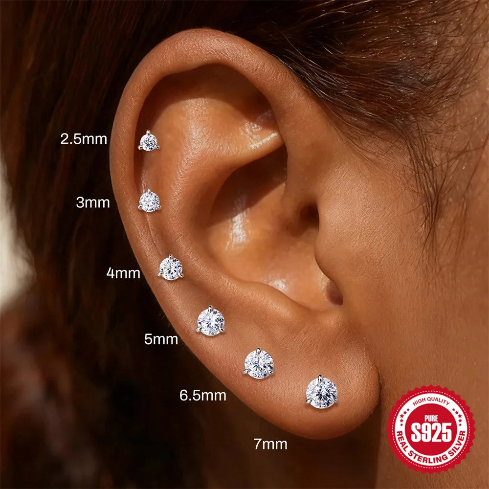 CANNER 1PC Classic Three Claws 0.03-1.2 Carat Sparkling D Color Moissanite Piercing Earring Women 925 Sterling Silver Earring