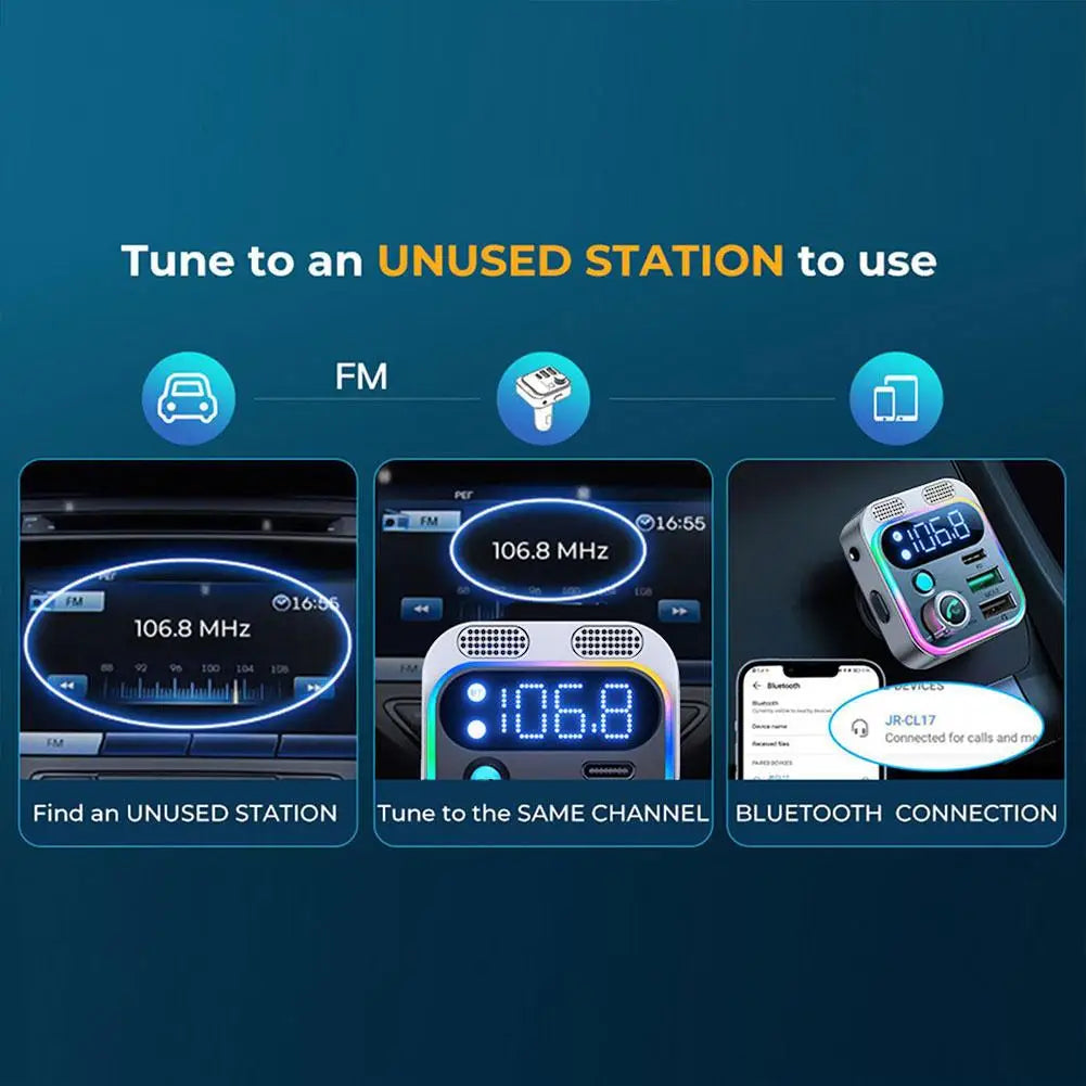 Bluetooth 5.0 FM Transmitter Car Adapter with AUX Bass Boost 3-Port Charger - Wireless Music Streaming Car Charger
