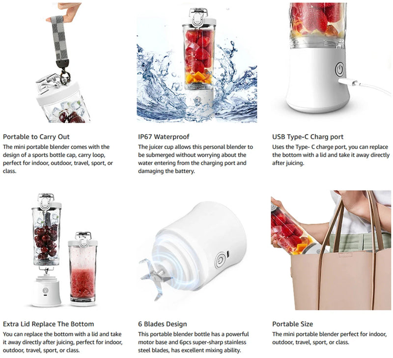 Portable Blender 600ML Electric Juicer Fruit Mixers 4000mAh USB Rechargeable Smoothie Mini Blender Personal Juicer