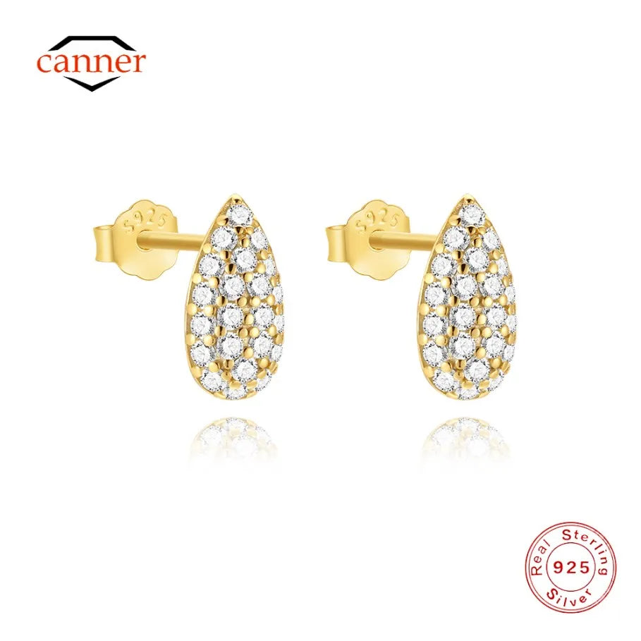 CANNER 925 Sterling Silver Water Droplet Luxurious Full Zircon Stud Earrings For Women Ins Simple Elegant Earrings Jewelry Gift