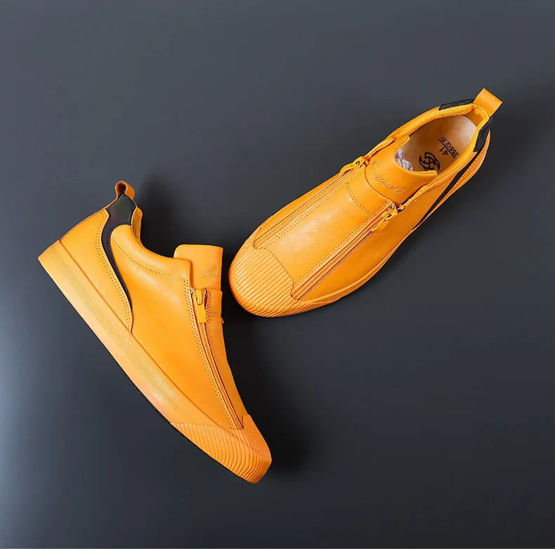 Winter Men Leather Casual Shoes Fashion Double Zipper High Tops Flat Shoes Slip on Plush Male Sneakers Loafers Tenis Masculino