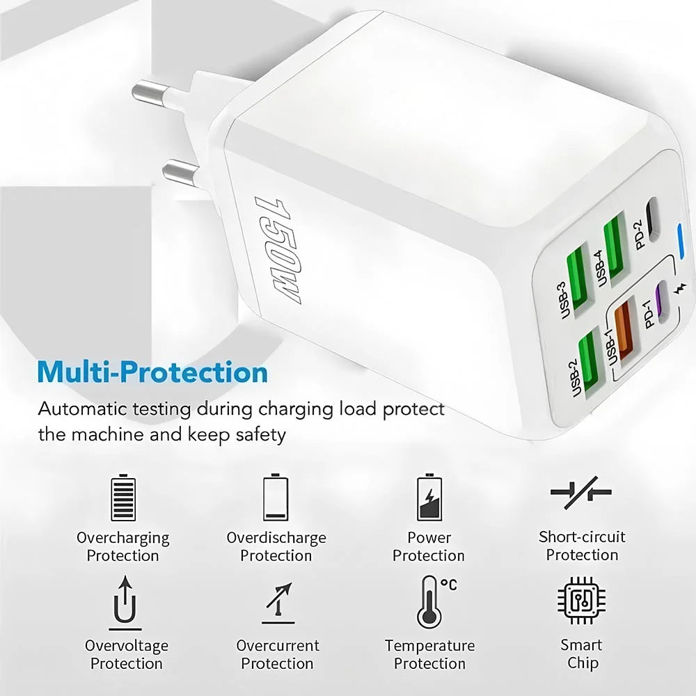 150W 6-Port USB Charger PD QC3.0 Type C Fast Charging Adapter Super Fast Charger For iPhone Samsung Xiaomi OnePlus EU/UK/US Plug