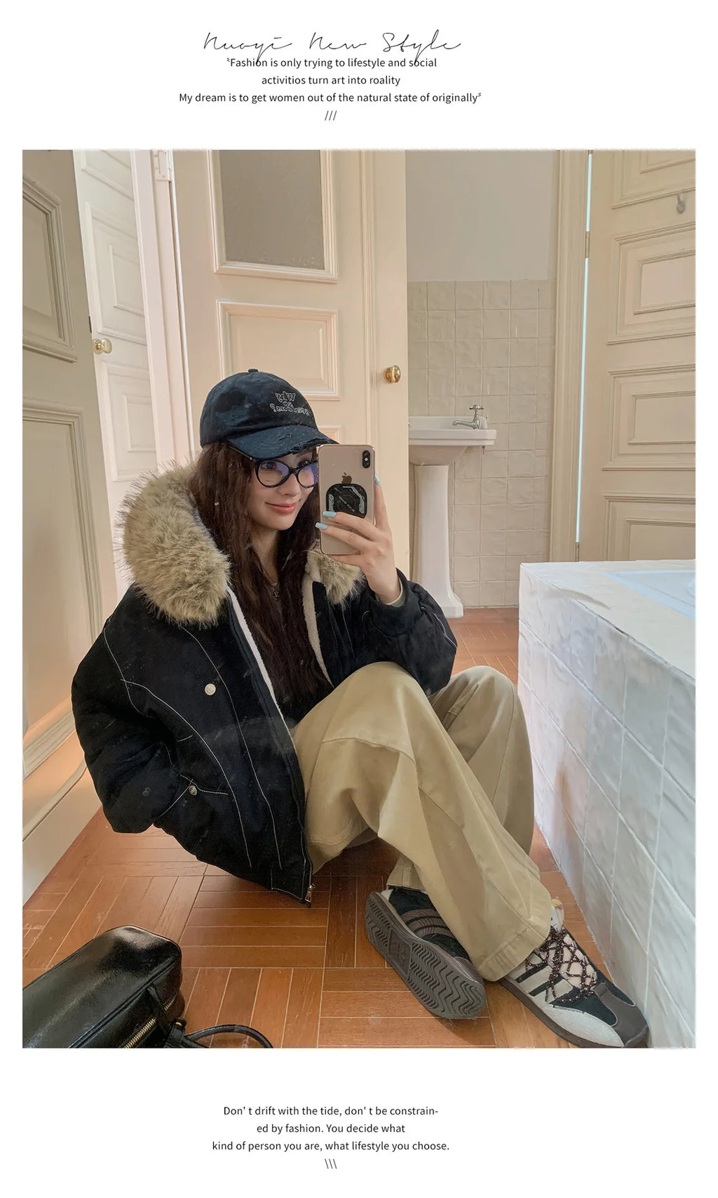 Women Short Parkas Coat Solid Jacket Big Fur Collar Hooded Zipper Pocket Long Sleeve Loose Casual Office Lady 2025 Autumn Winter