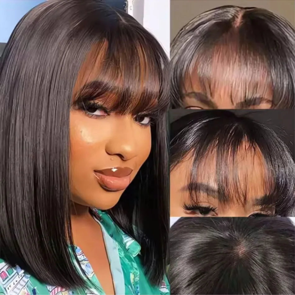 Short Bob Wig With Bangs Straight Human Hair Bob Glueless Wig Human Hair 180% Density Black Color Straight Bang Bob Wig For Women