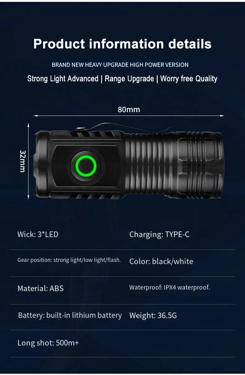 New Powerful Flashlight 3 Core LED Mini Tactical Flashlight Rechargeable High Power LED Torch Metal Pen Clip Hand Lamp