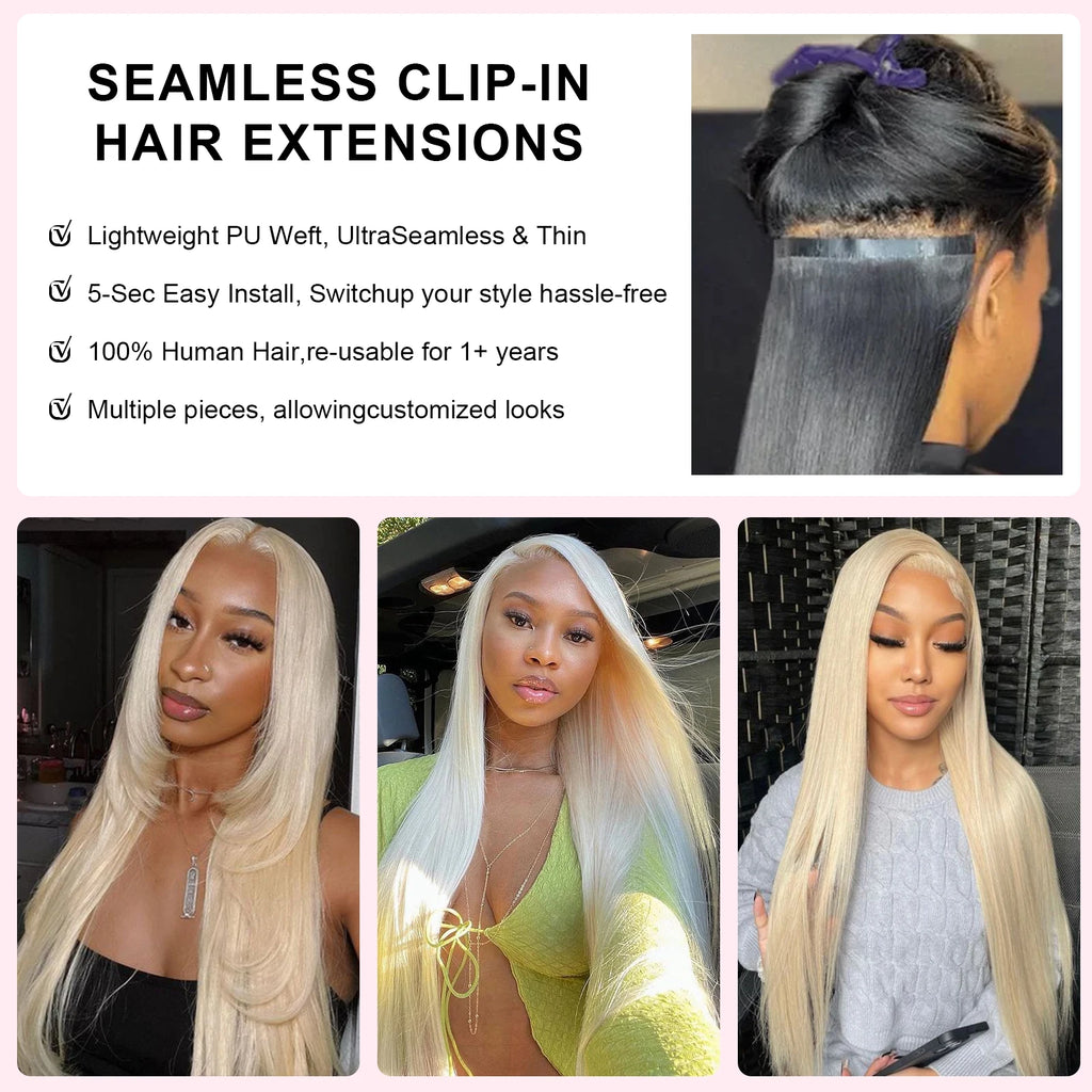 16 18 Inch Clip In Hair Extensions Real Human Hair Colored 613 Honey Blonde Clip Ins With Bangs Double Weft Invisible Hair Extension On Sale