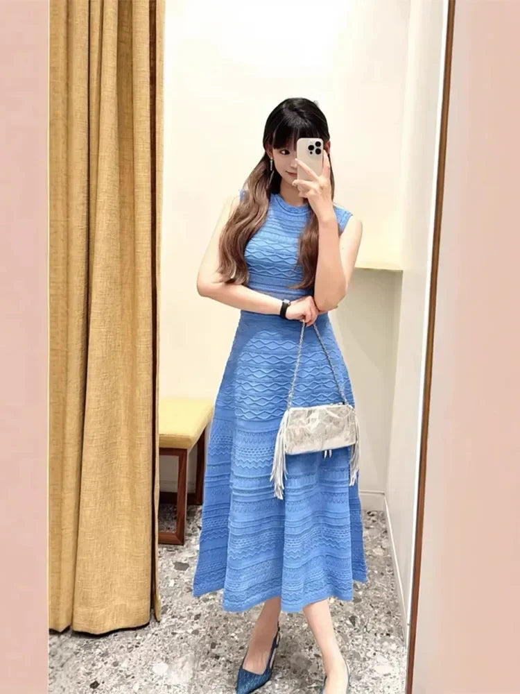 Women's Argyle Jacquard Knit Dress Sleeveless round Neck Midi Elegant Hollow out Lady A-Line Beach Style Spring New